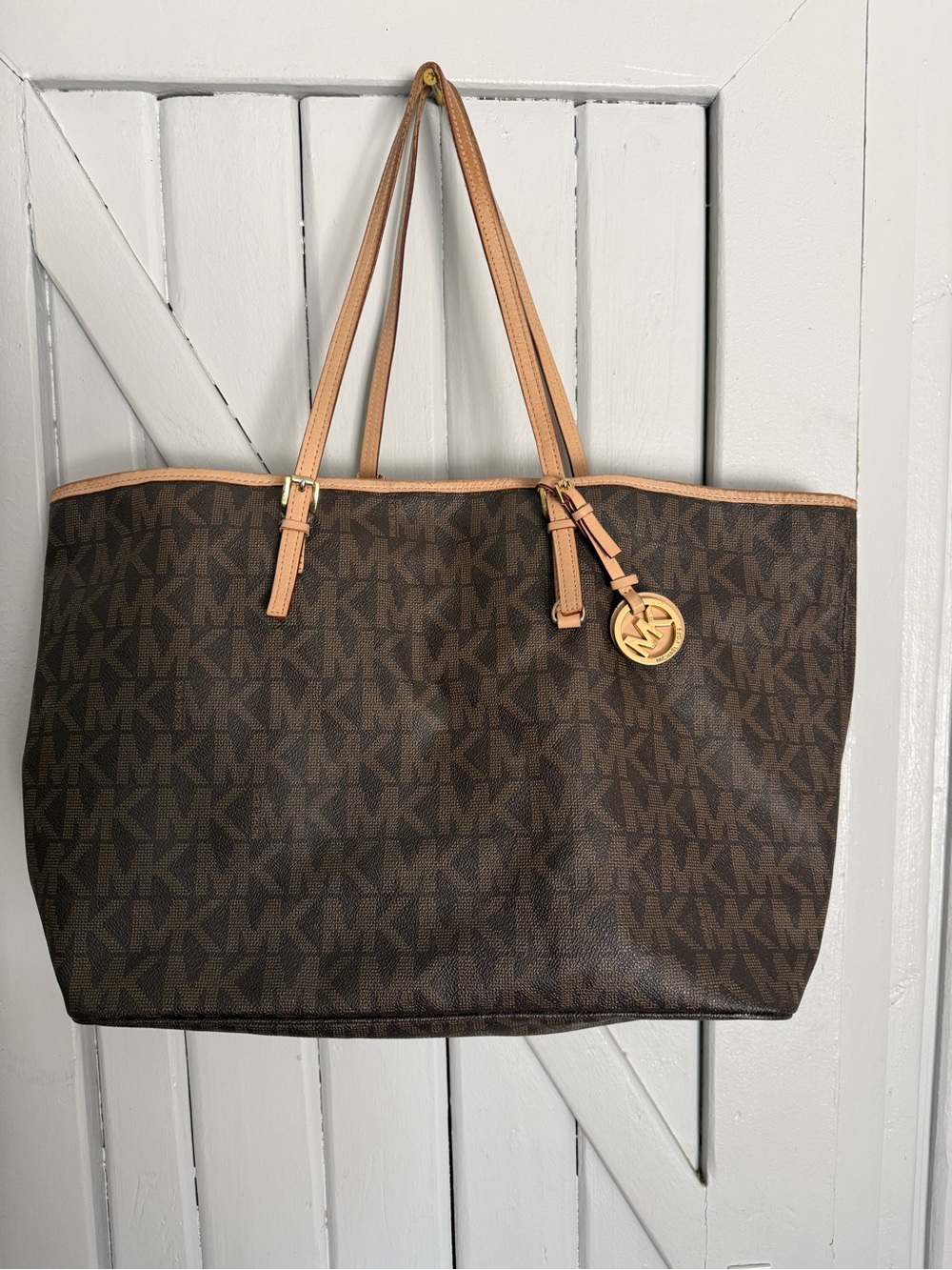 Michael Kors Dark Brown MK Signature Tote with Tan Trims